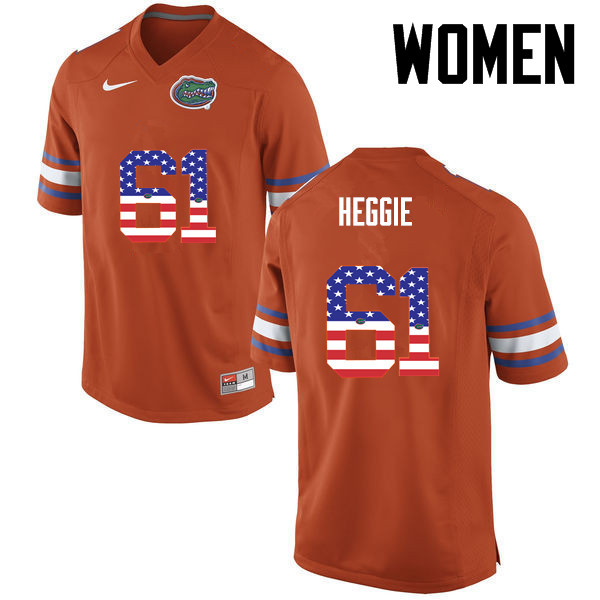 Women Florida Gators #61 Brett Heggie College Football USA Flag Fashion Jerseys-Orange - Click Image to Close